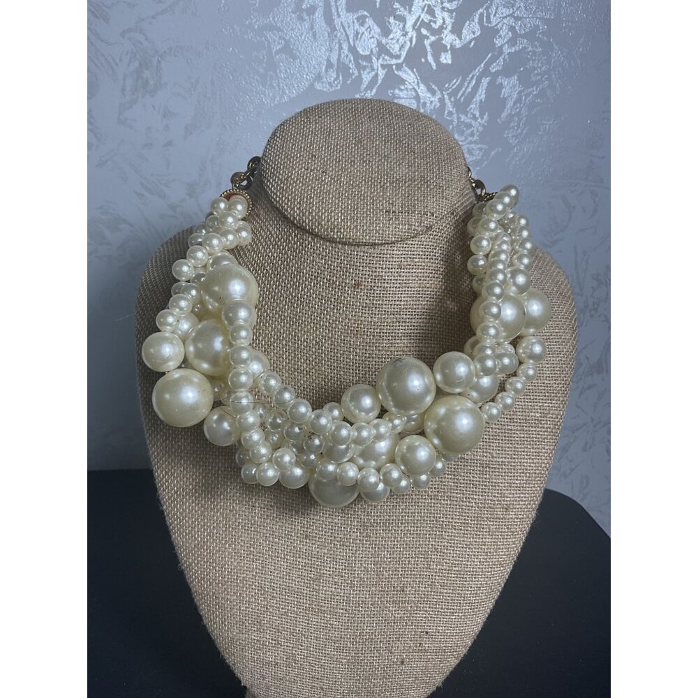 Vintage Faux Pearl Statement Necklace Multi-Strand Design Adjustable Chain